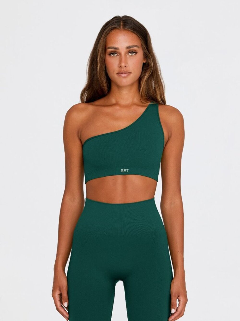 SET ACTIVE Mojito Dark Green Seamless Ribbed One Shoulder Sports Bra Top, Size S